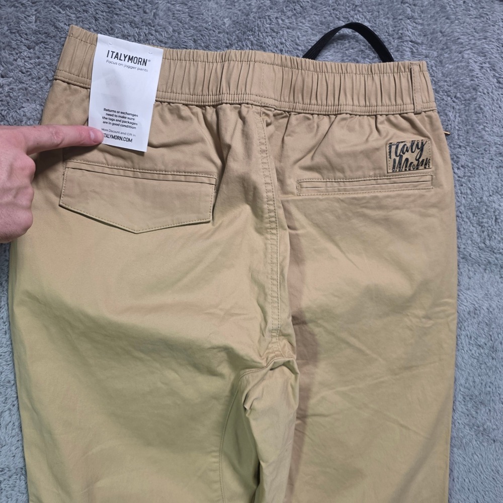 ITALYMORN Mens Small Jogger Pants Khaki Tan Elastic Waist Cotton Spandex Tapered - Picture 7 of 8